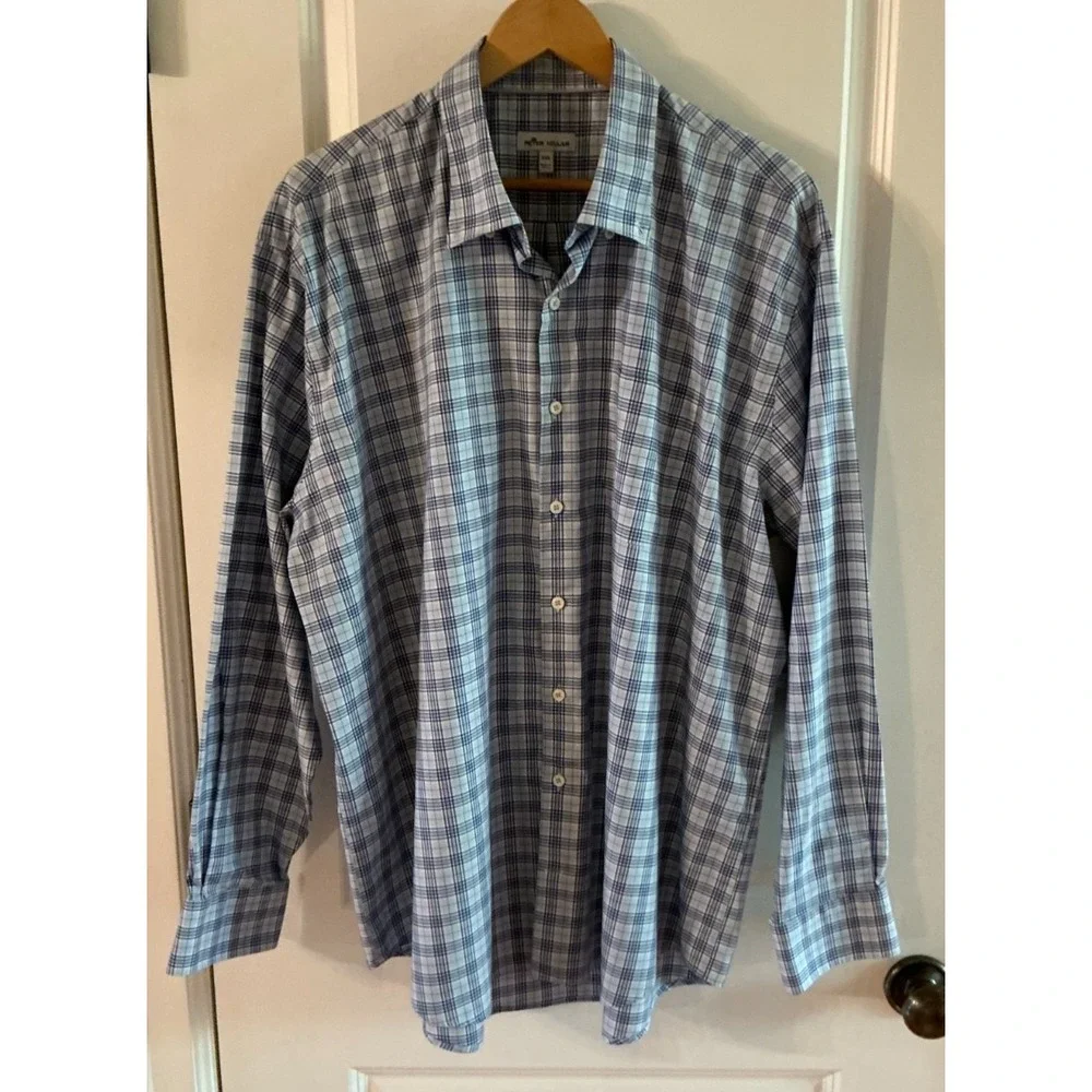 Peter Millar‎ XXL Blue Plaid Long Sleeve Button Down Shirt Cotton Stretch